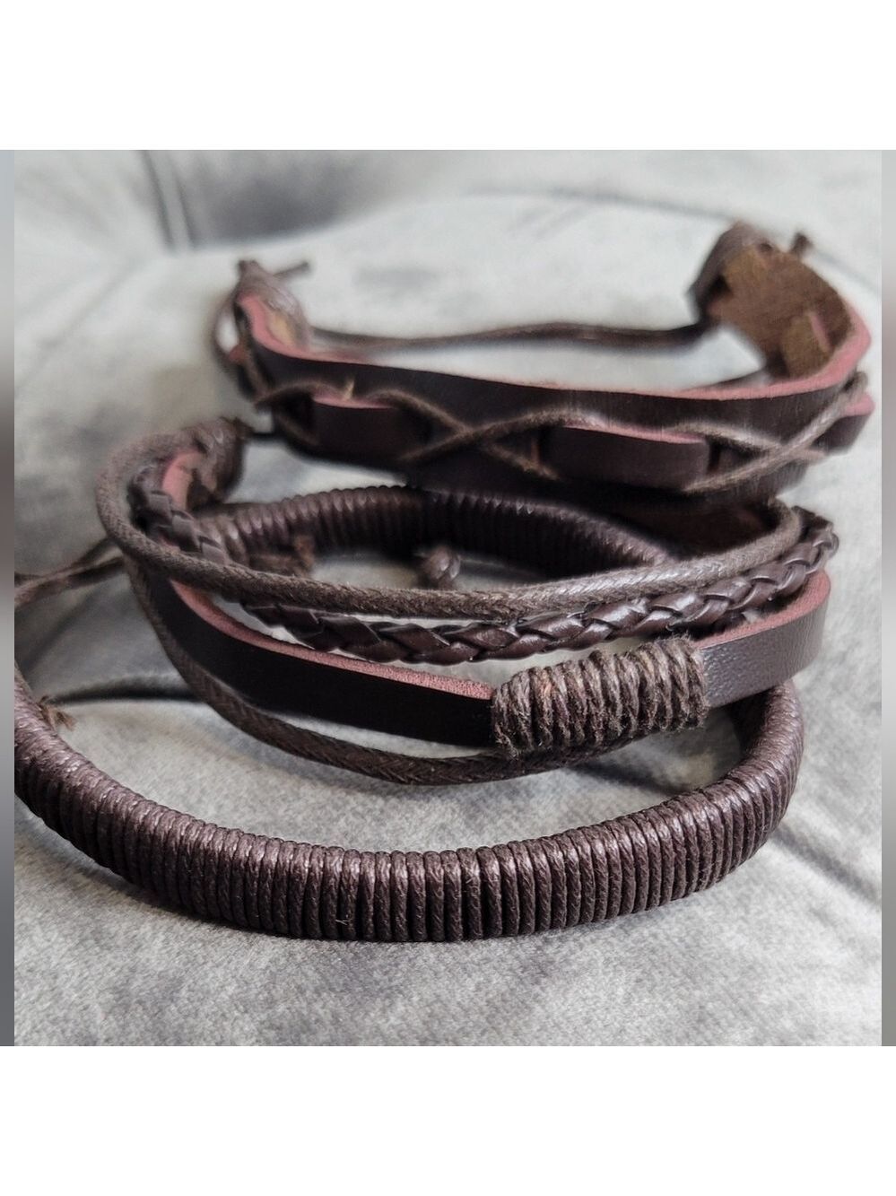 Chocolate Brown Faux Leather Men’s Bracelet Set | 3-Piece Braided & Woven Stack - Picture 5 of 5